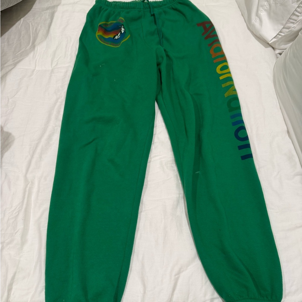 Aviator Nation Green Joggers with Rainbow Logo